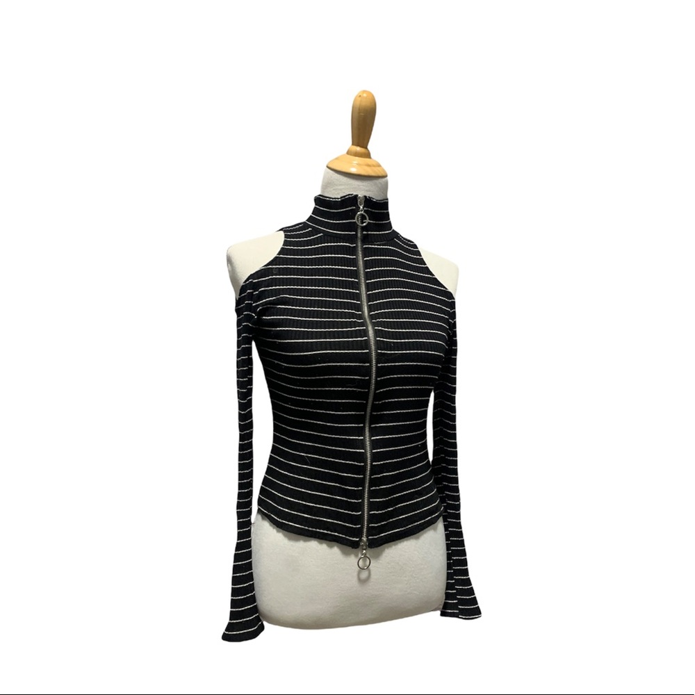 Chloe & Katie | Black & White Striped Open Shoulder Long Sleeve Top